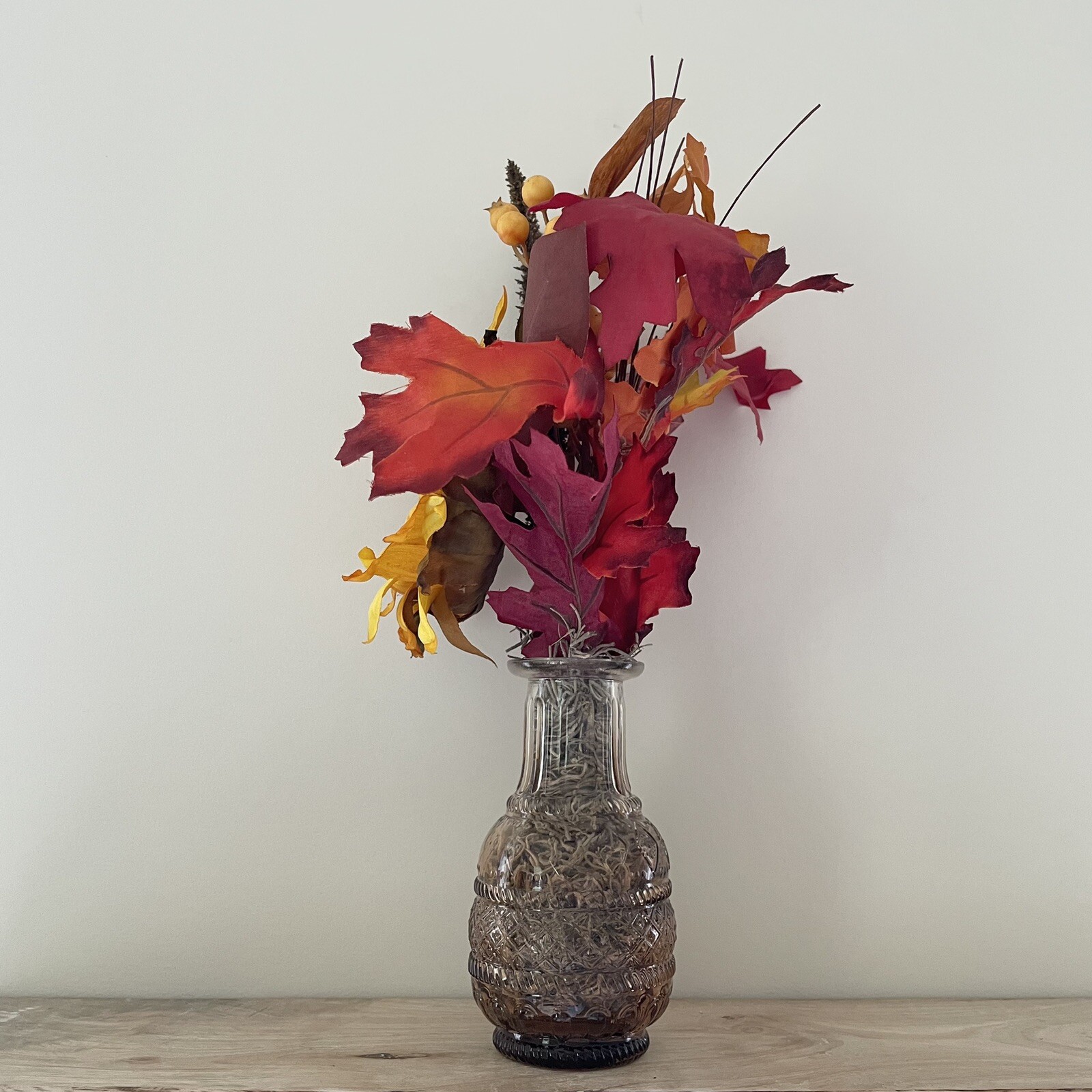 Handmade Artificial Sunflower Fall Leaves Arrangement in Amber Glass Vase
