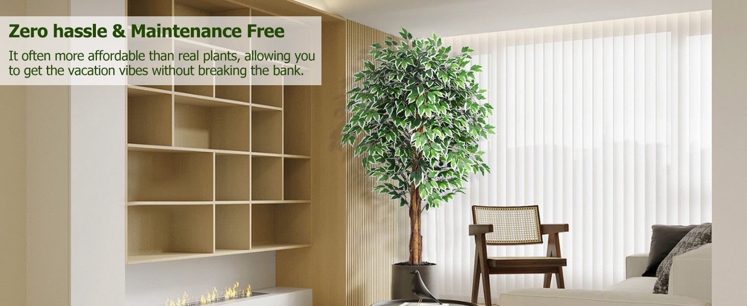 6.2ft Ficus Artificial Trees with 3 Natural Curved Trunks, 74″ Tall Lush Faux