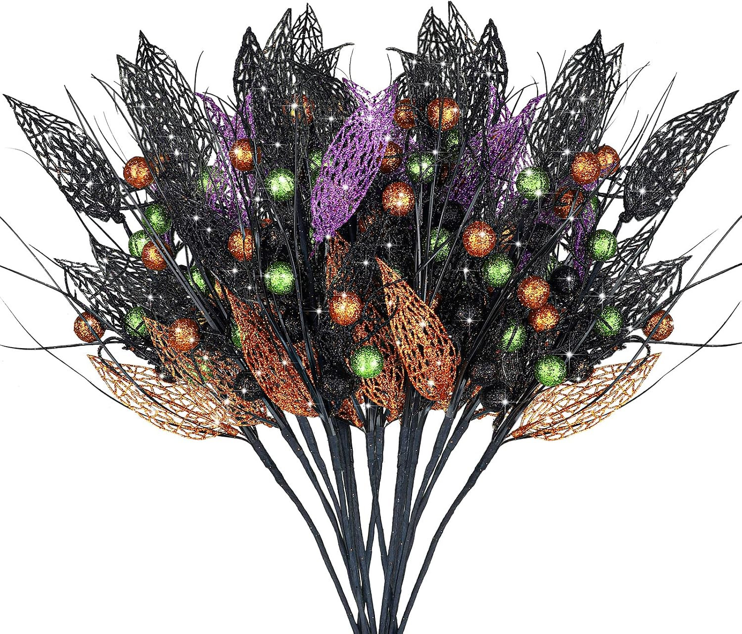 8 Pcs Halloween Branches Picks Stems Glitter Fake Twig Bush with Pumpkin Berries