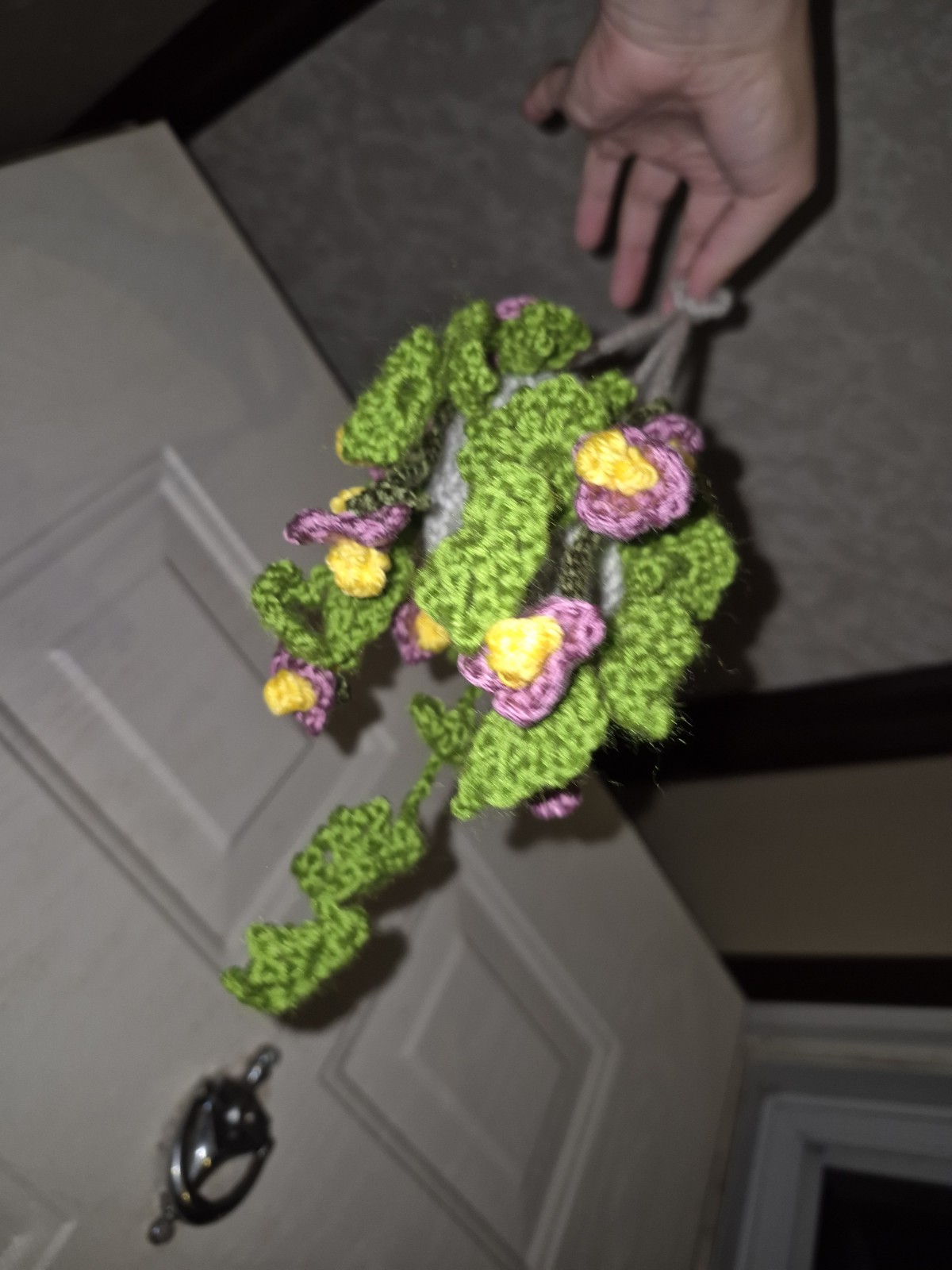 Crochet Yarn Artificial Hanging Plant, Green Leaves Purple Yellow White Flowers