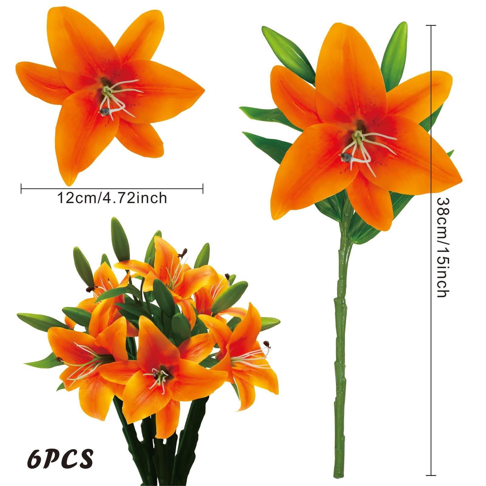 6Pcs Lilies Artificial Flowers Orange Lilies Real Touch Tiger Lily Fake Lilli…