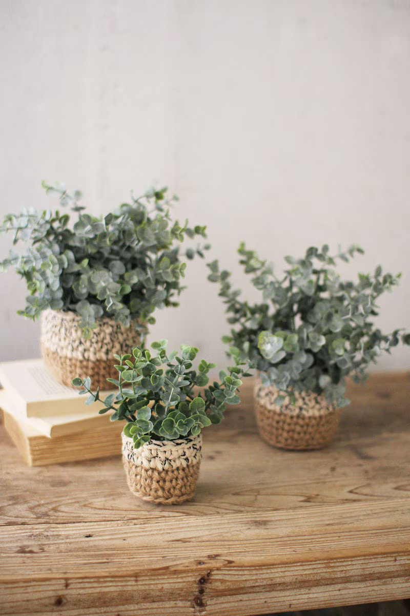 Set Of 3 Artificial Eucalyptus Plants in Woven Pots For Indoor Home Decor