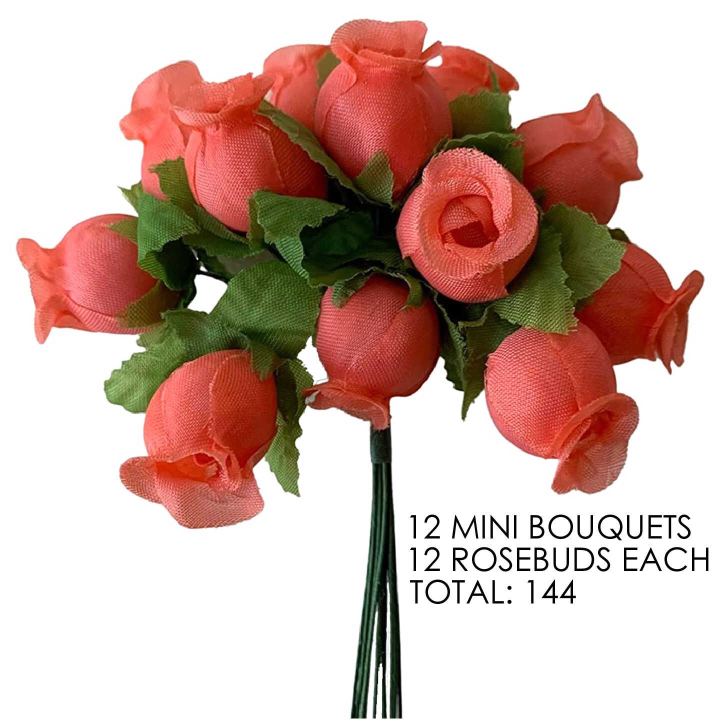 Coral Artificial Silk Flower Roses – 12 Mini Bouquets of 12 Rosebuds, 144 Total