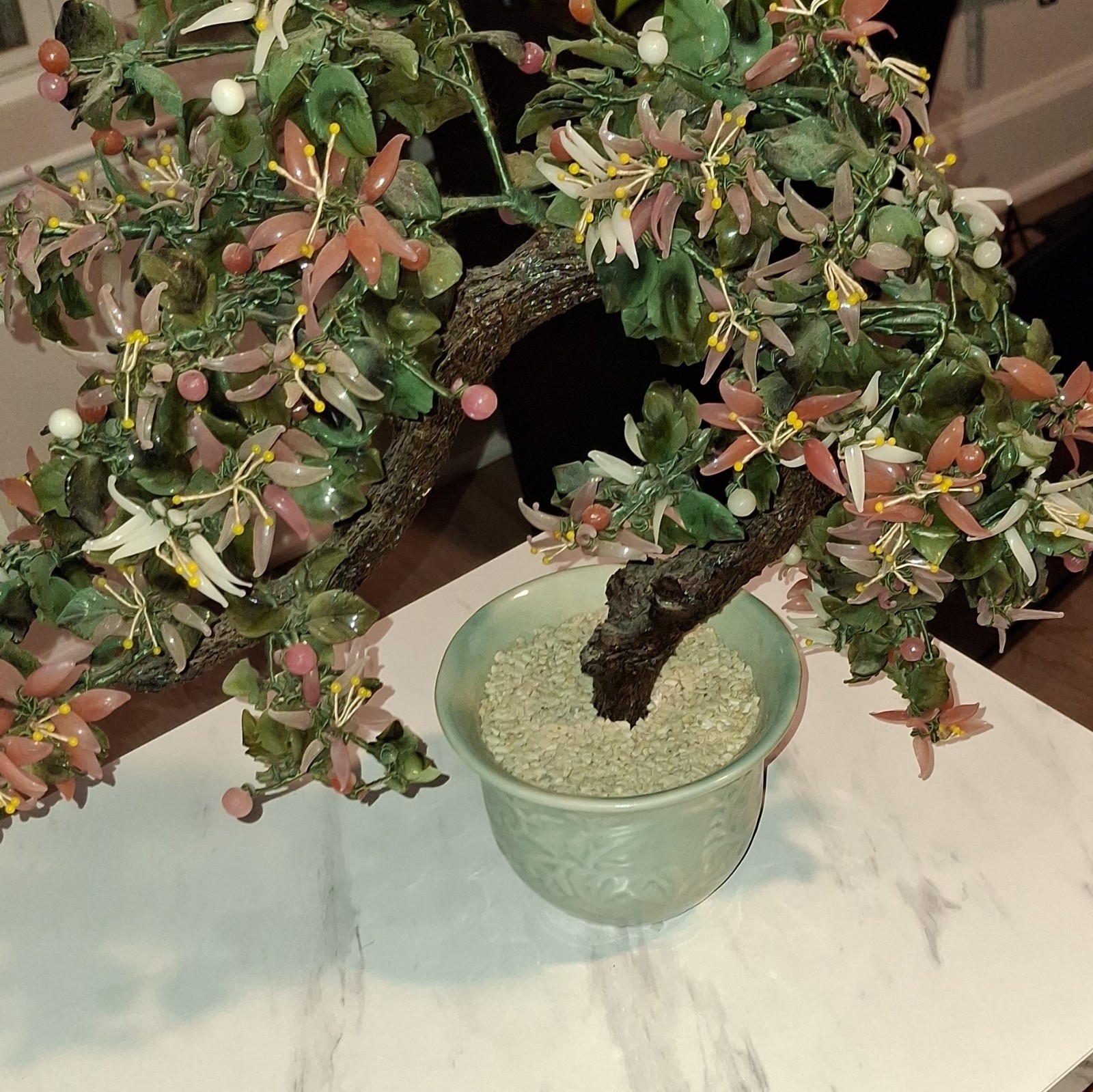 Vintage XLarge Chinese Jade Quartz Bonsai Tree Celadon 19×36” CHERRY Blossoms.