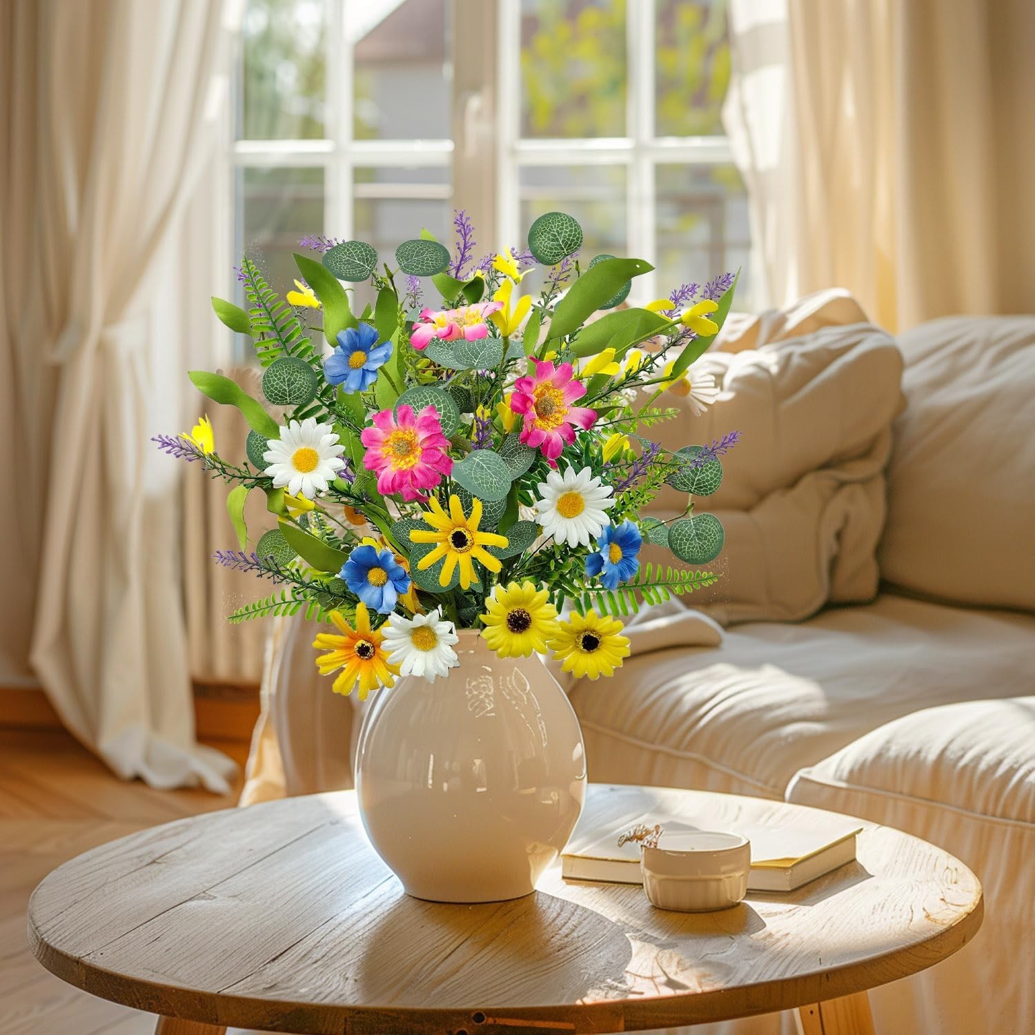 4 Bundles Artificial Daisy Flowers Bouquet Fake Wildflowers Silk Spring Floral