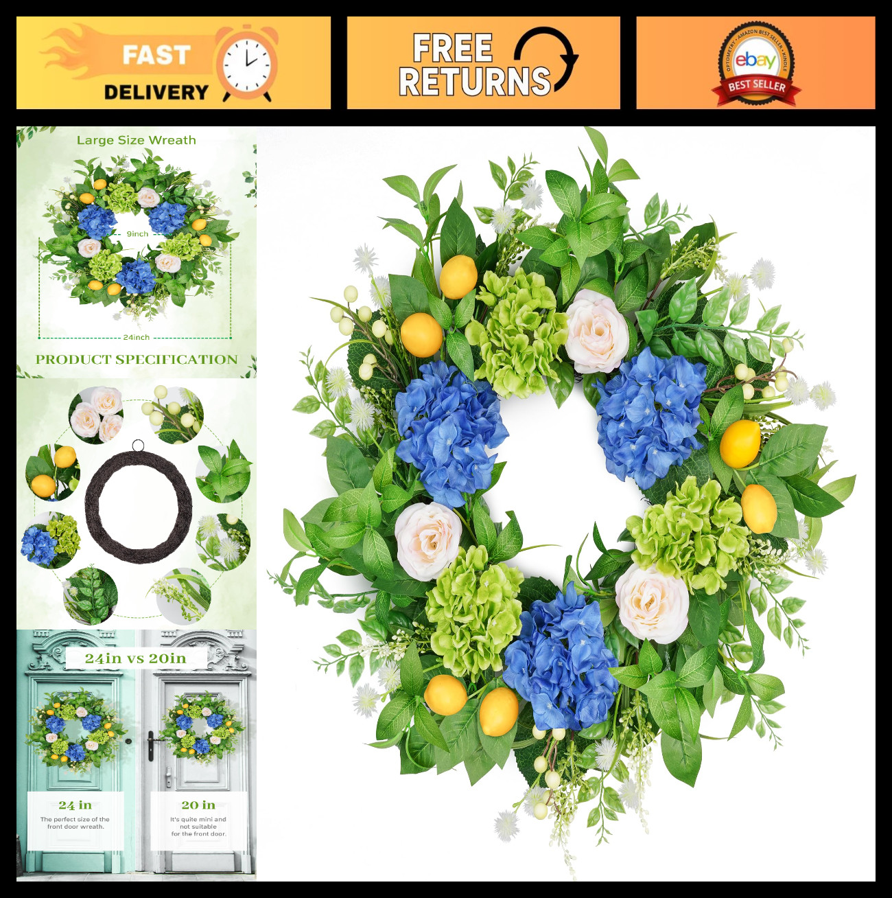 23″ Summer Floral Wreath with Hydrangea & Lemon, UV Resistant for Front Door Dec