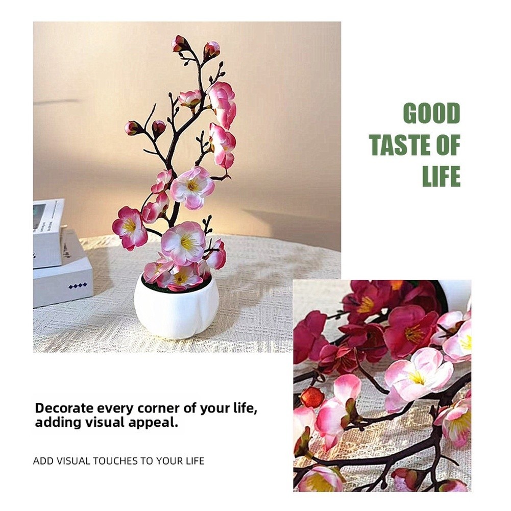 Artificial Plum Blossom Bonsai in White Cup for Living Room Bedroom Decor