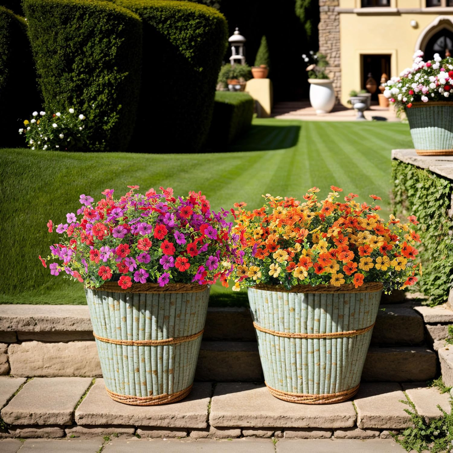 Artificial Silk Flowers Hanging Basket for Outdoor Indoor, Daisy with Eucalyptus