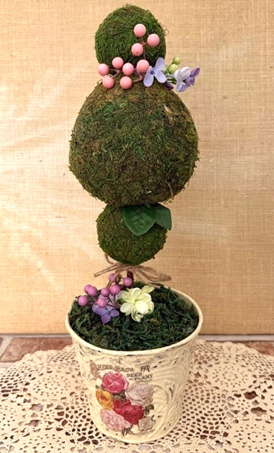 VINTAGE TIN POT TRIPLE MOSS-BALL TOPIARY TREE COTTAGECORE SHABBY CHIC DECOR