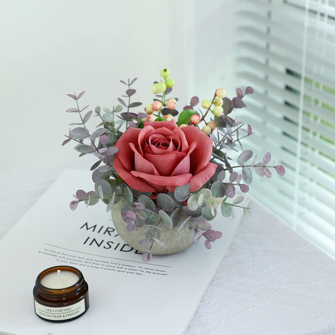 Artificial Flowers Kit with Pot Fake Silk Pink Roses Greenery Small Plant