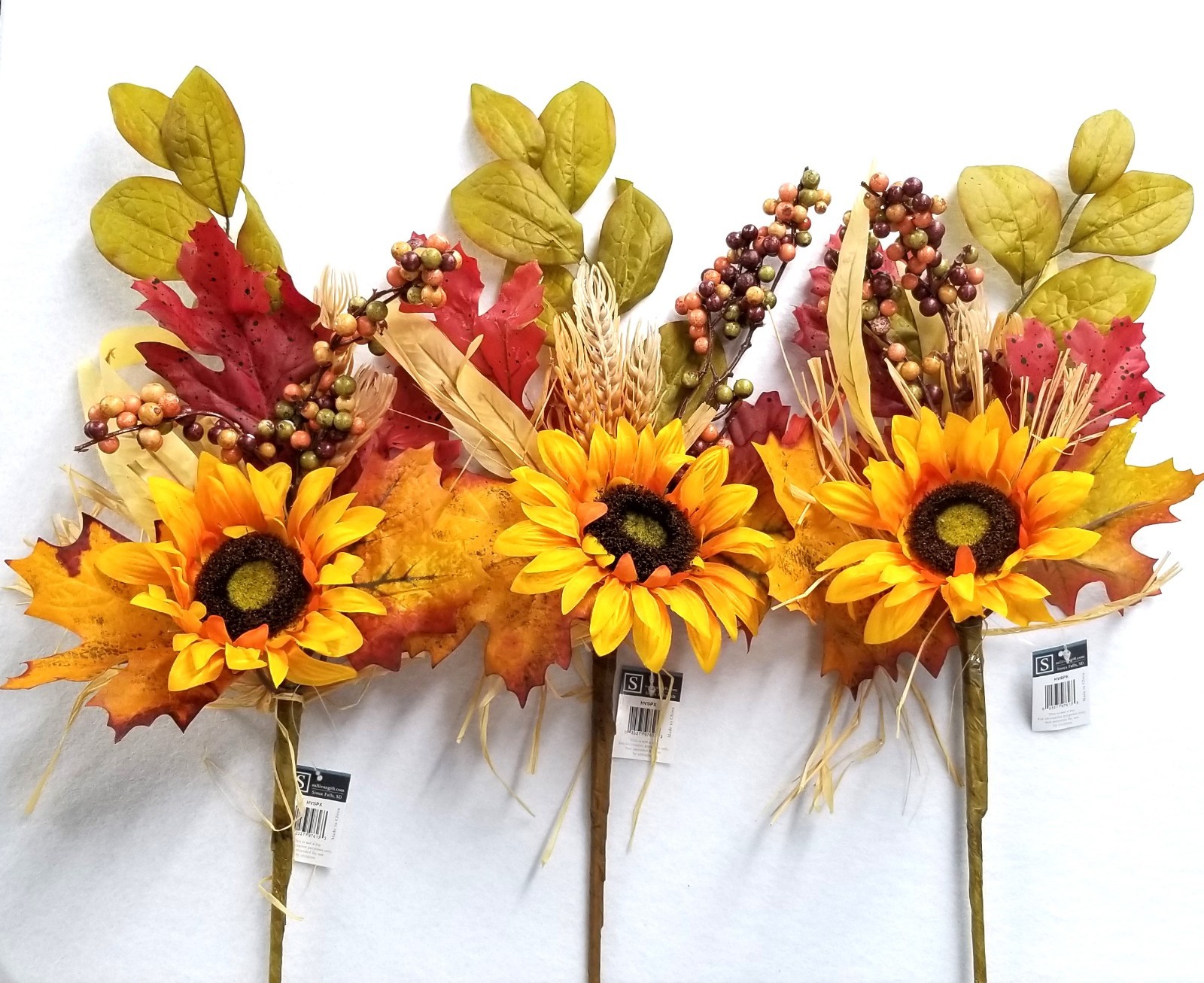 🌻Sunflower Spray with Maple Leaves, Wheat and Berries by Sullivans NWT Set of 3