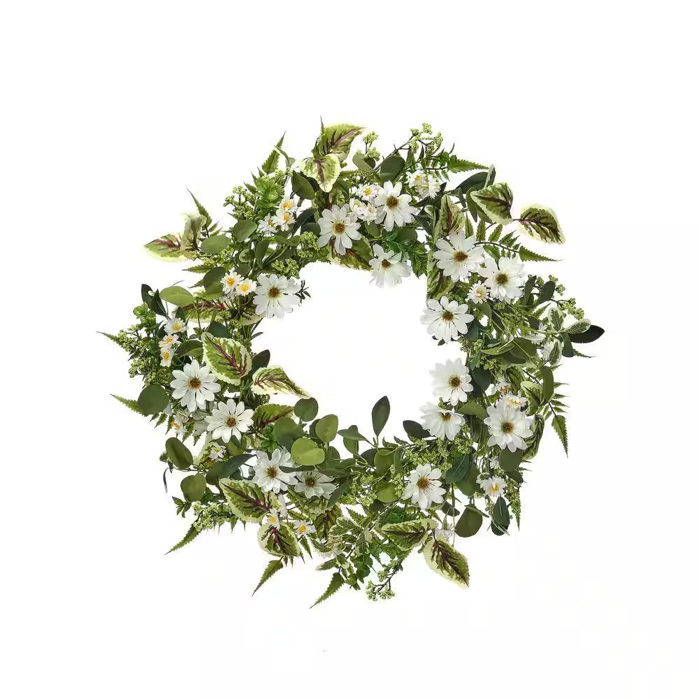 24 In. White, Green Artificial Daisy and Mix Greens Wreath 24 In.