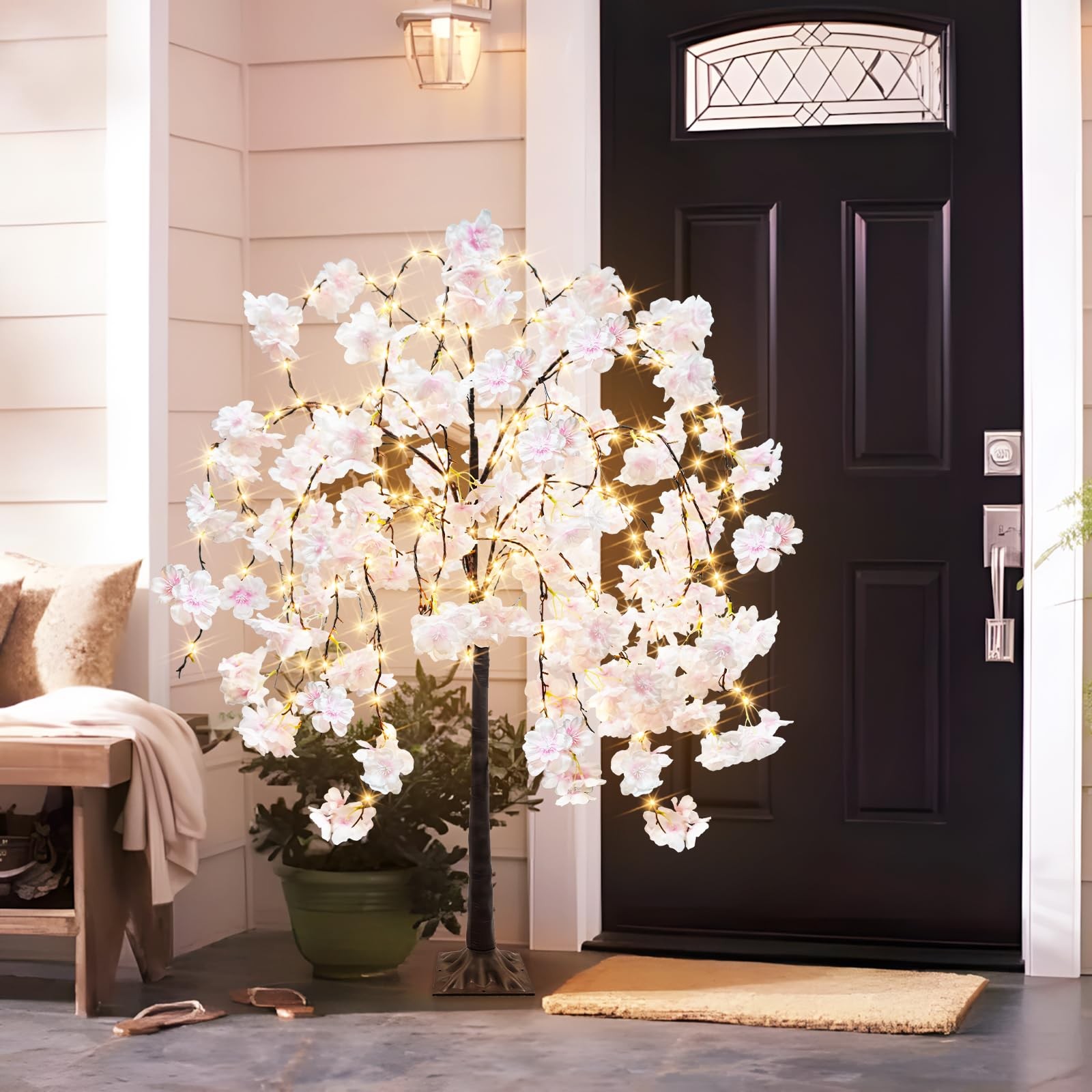 obbsie 4FT Cherry Blossom Tree with 360 LED Fairy Lights Artificial Lighted T…