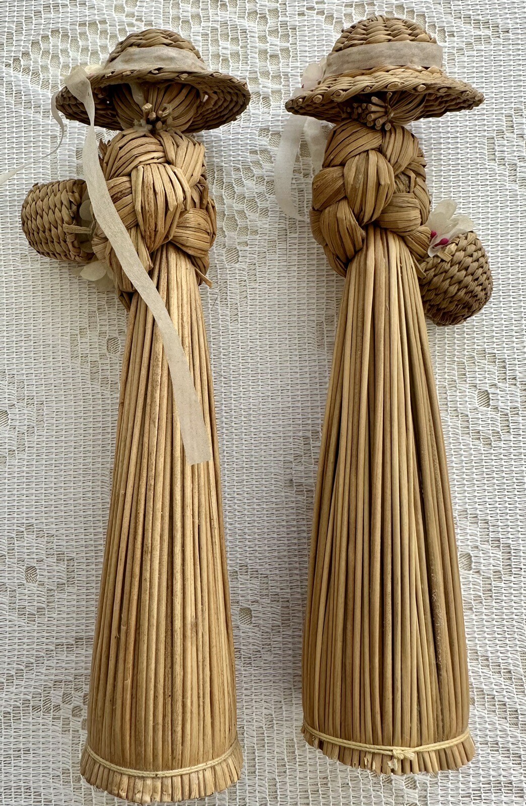2 Vintage Artisan Corn Husk & Wood Dolls Broom Straw Girls Basket Flowers & Hat