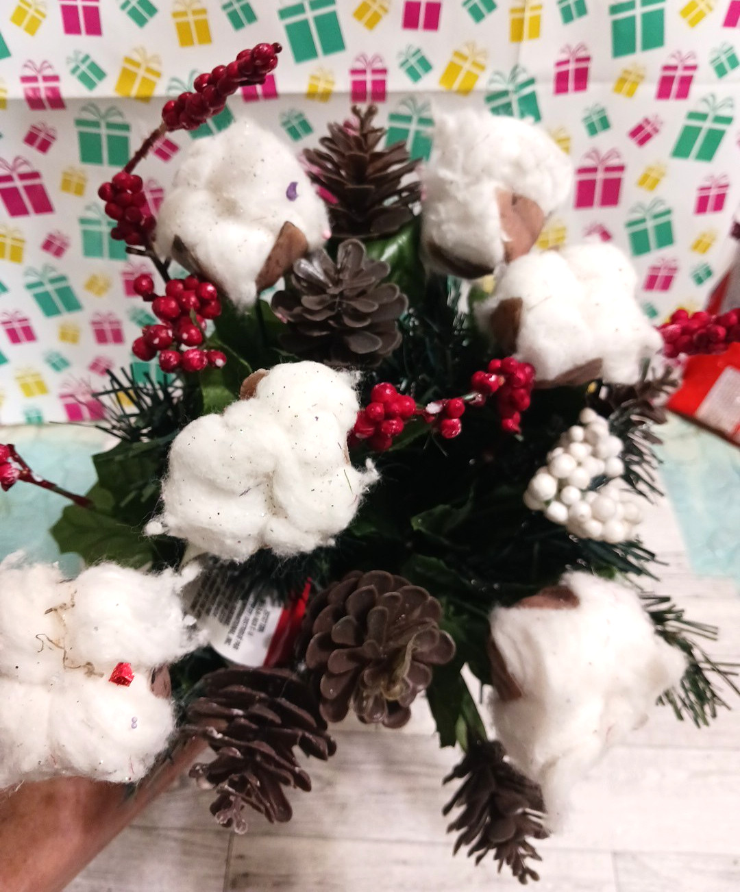Cotton buds, pine cones, holly berry. Beautiful winter fall flower bouquets