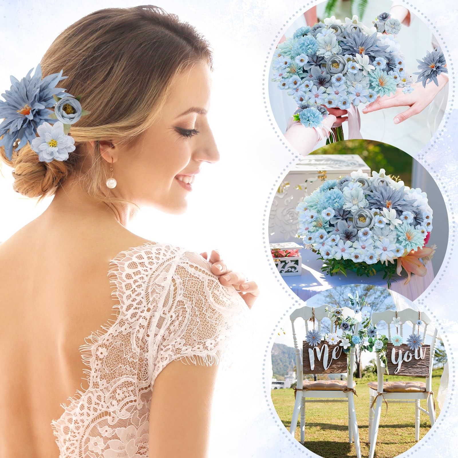 80 PCS Blue Assorted Fake Flower Heads Mini Artificial Silk Daisy Peony