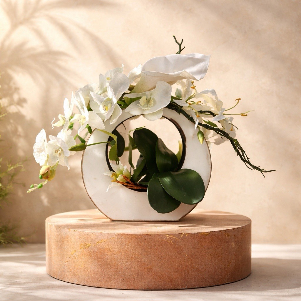 White Silk Floral Arrangement, Centerpiece contemporary Asian Zen Orchids, Lilly