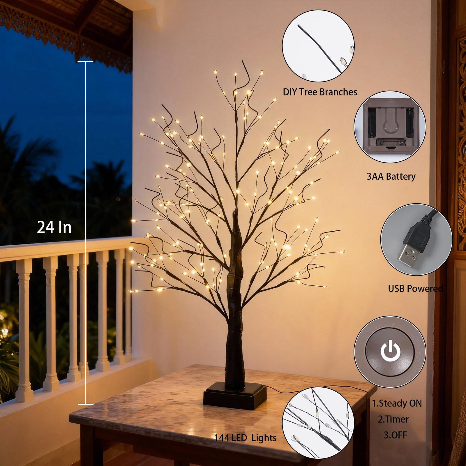144 LED Artificial Tree Lamp with Timer, DIY Birch Trees with LED Lights, Lig…