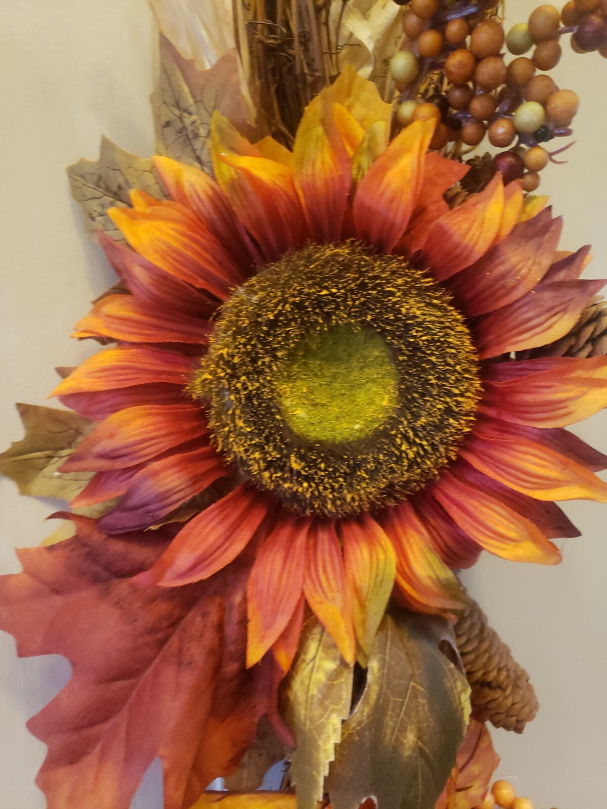 FLORAL & GRAPEVINE TEARDROP SWAG SUNFLOWER BERRIES PUMPKIN PINECONES 25″ LONG