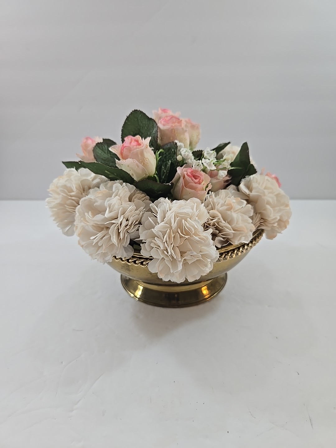 Vintage Silk Floral Arrangement in Footed Brass Planter Pot England 7″