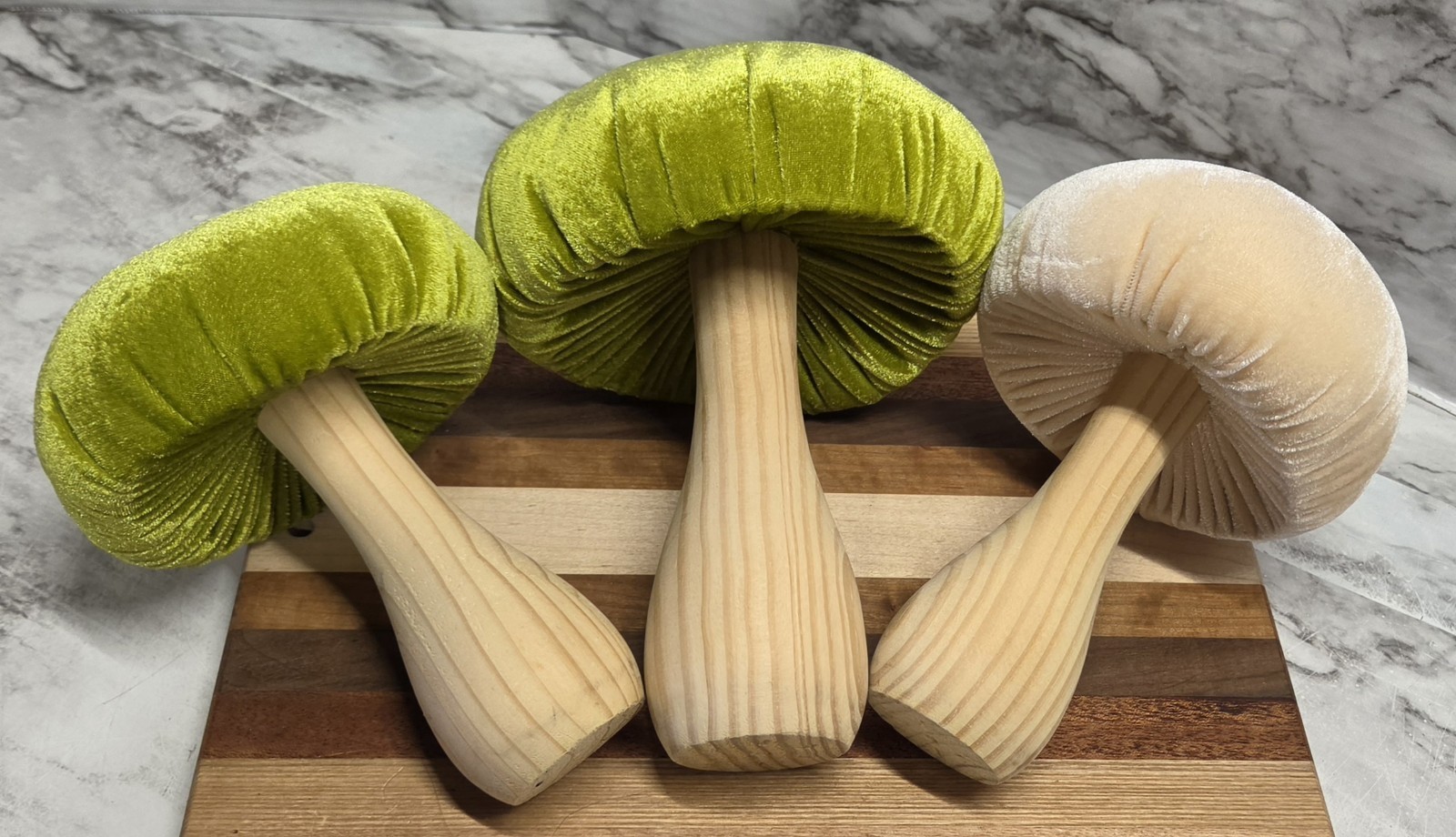 Mushrooms Set Of 3 Cream Green Wood & Velvet 2 Sizes Spring Summer Decor…