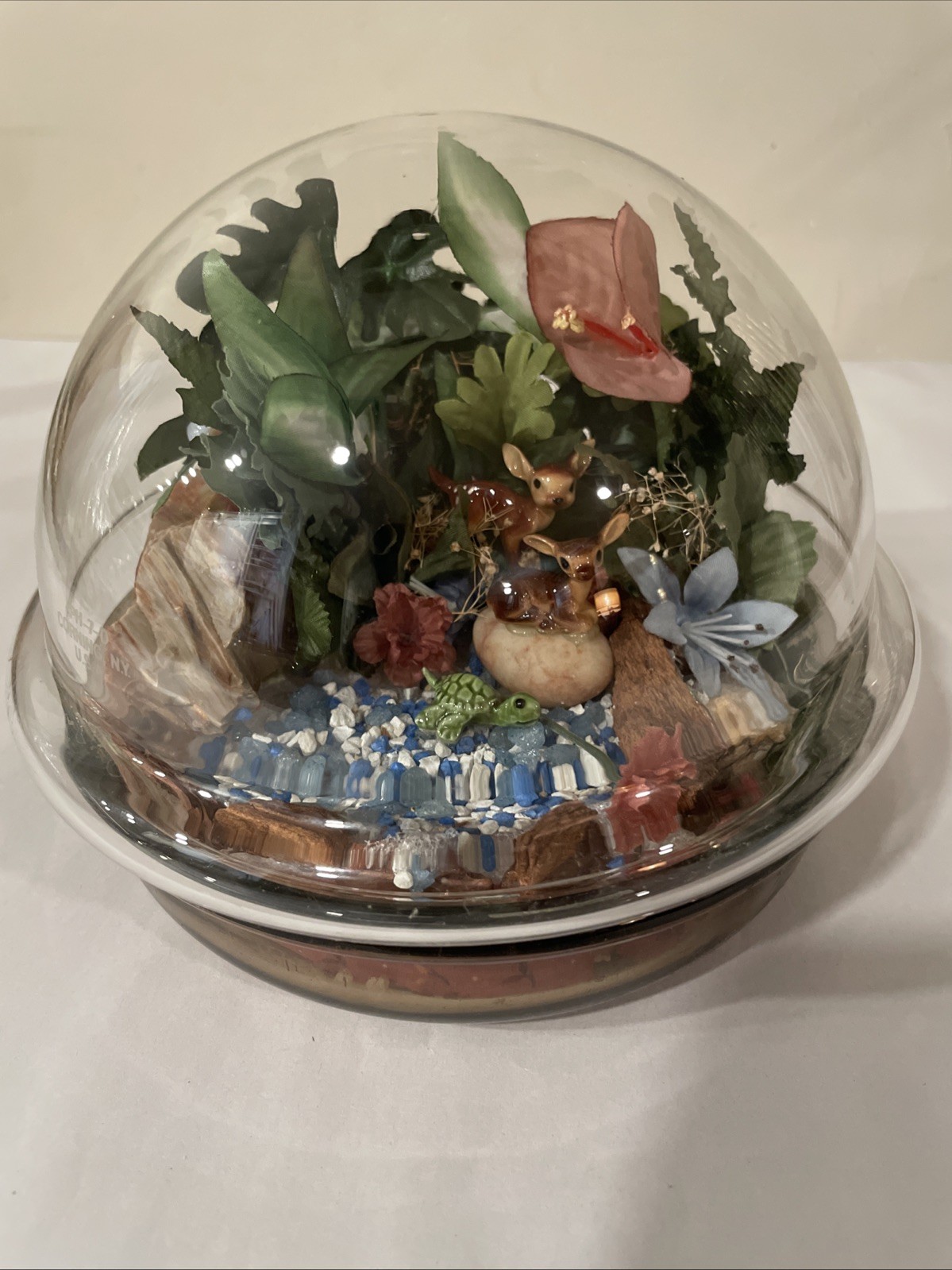 Vintage Glass Dome Terrarium Woodland Animals & Turtle 7”