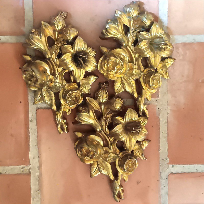 Antique Set of Three Gilt Bronze Floral Bouquet Wall Ornaments French Decor 19th