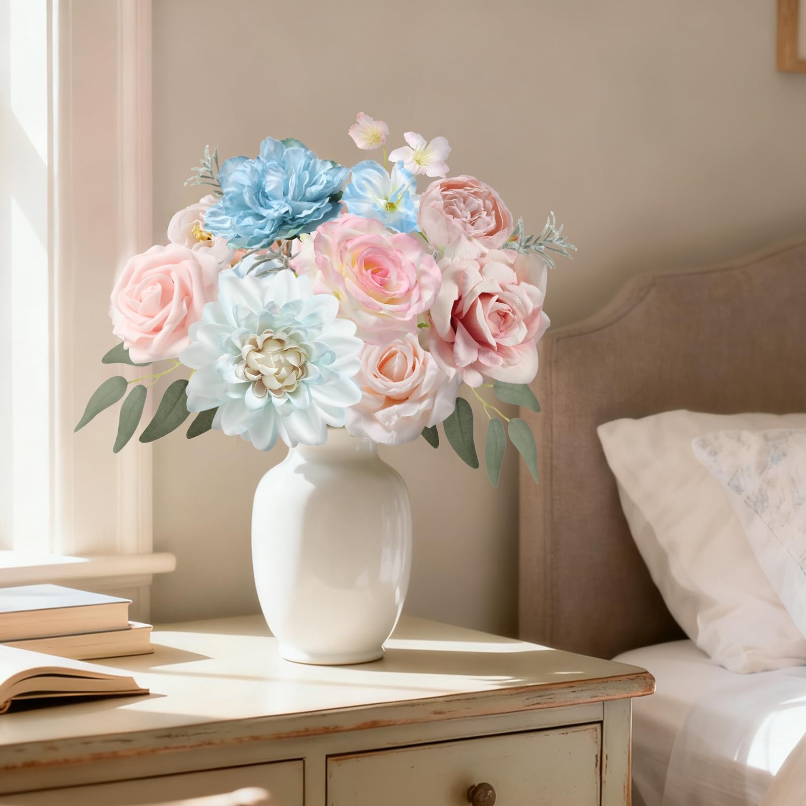 Blue Pink Artificial Fake Rose Silk Flowers Combo Box Set DIY Bouquet Decor