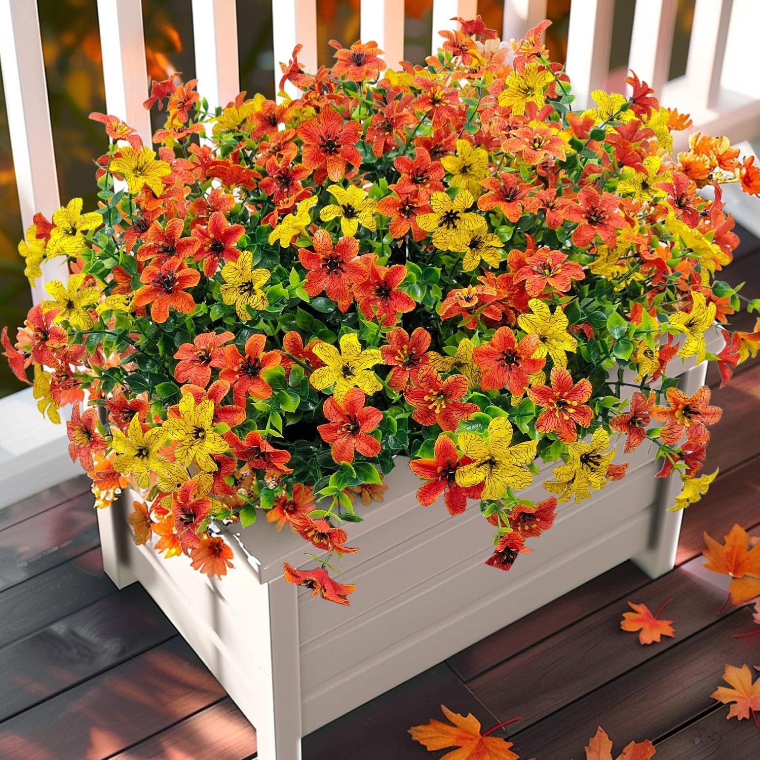 12 Bundles Faux Fall Flowers Artificial Mums for Outdoors (Orange+Yellow)