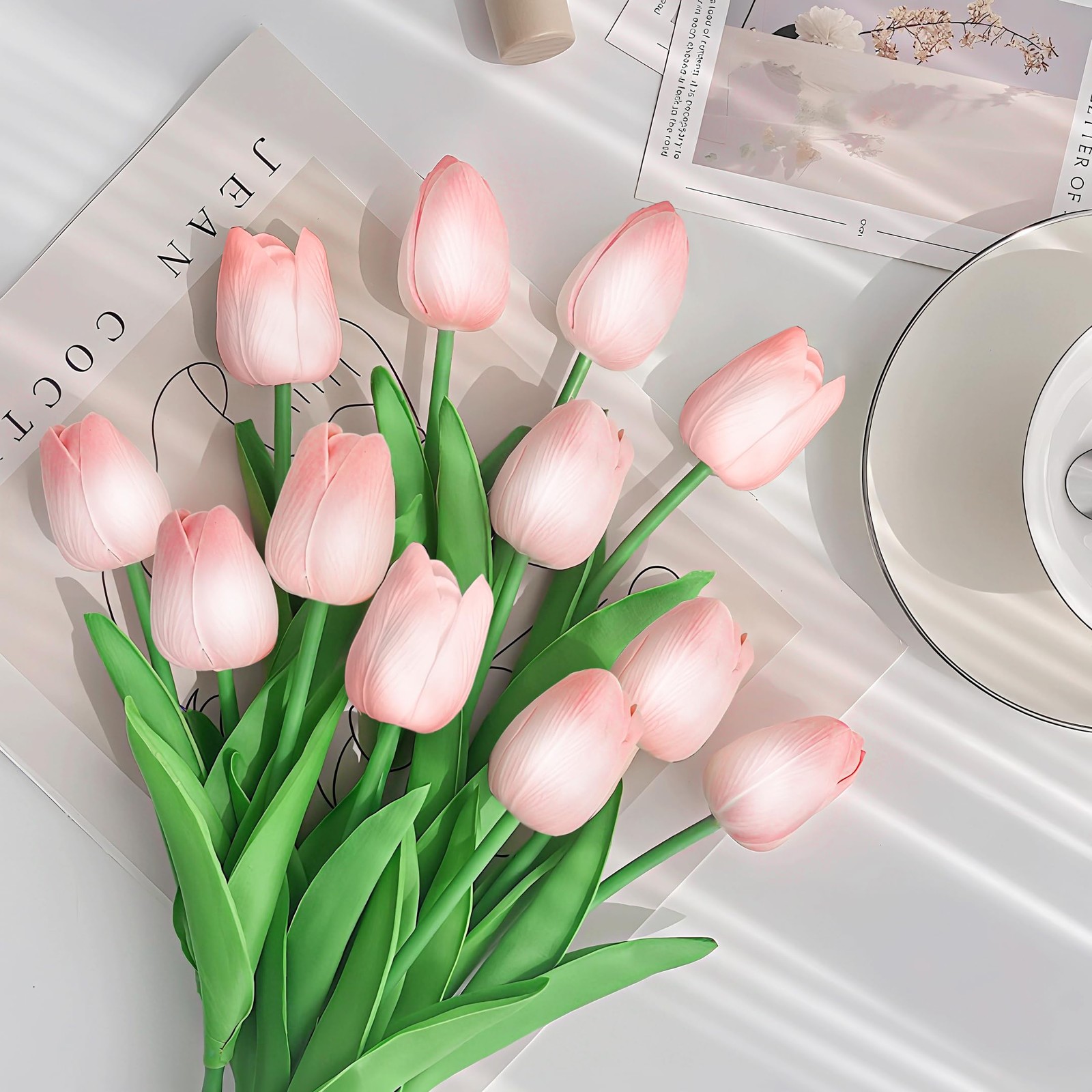 20 Pcs Pink Tulips Artificial Flowers 13″ Fake Pink Tulips Real Touch PU Faux…