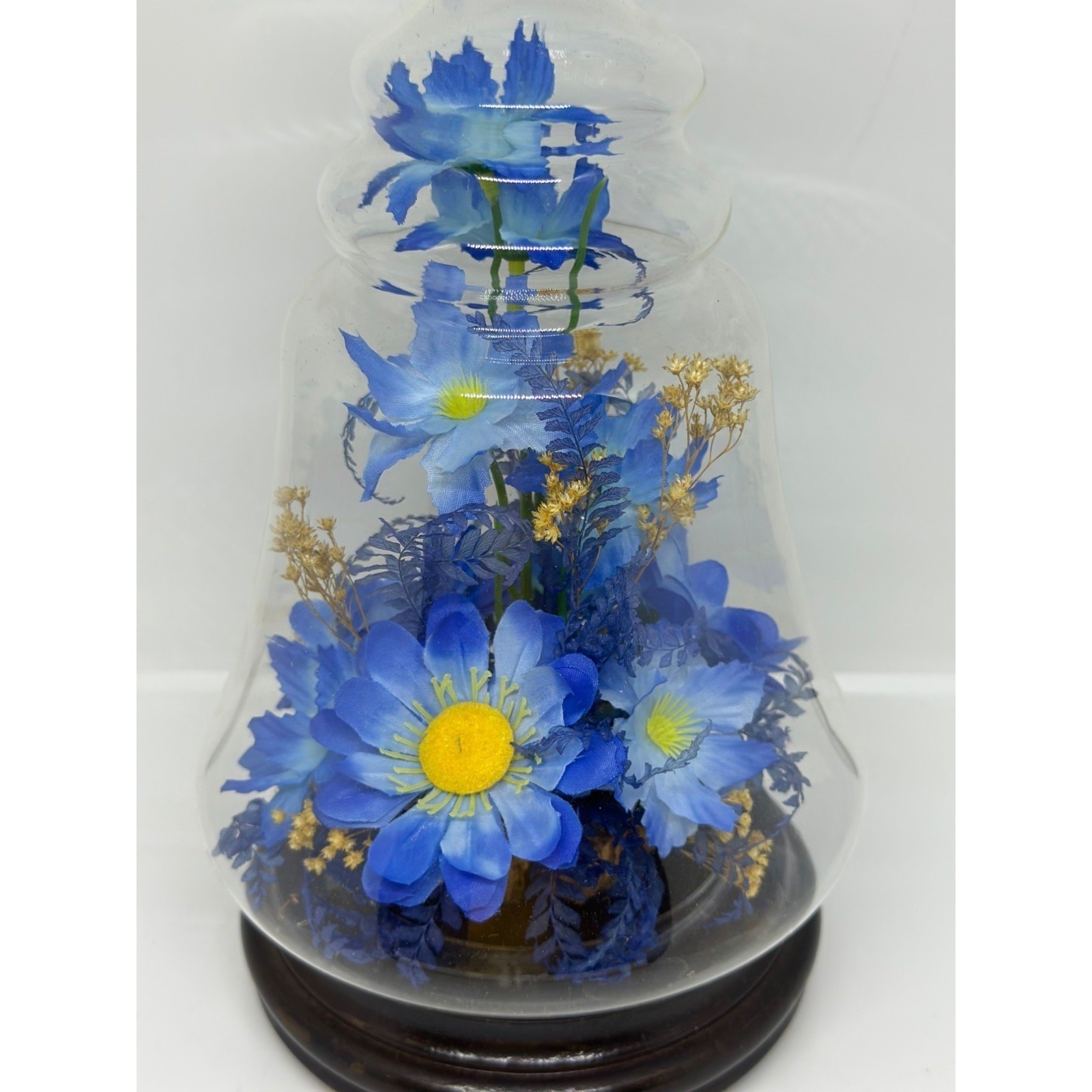 VTG Floral Arrangement Under Glass Cloche Dome Blue Faux Flowers Wood Base Decor