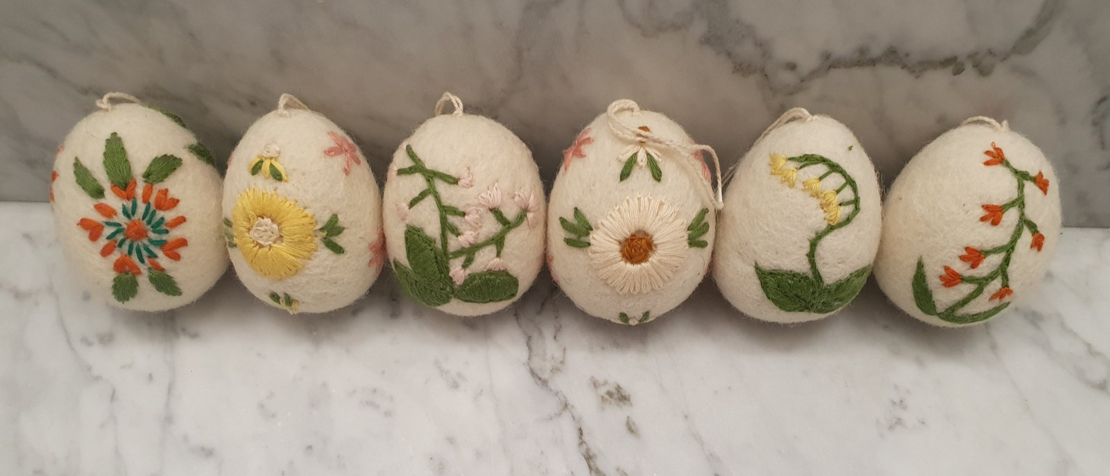 6 Cottage Core Farmhouse Chic Boiled Wool Eggs Embroidered Flowers Basket Decor