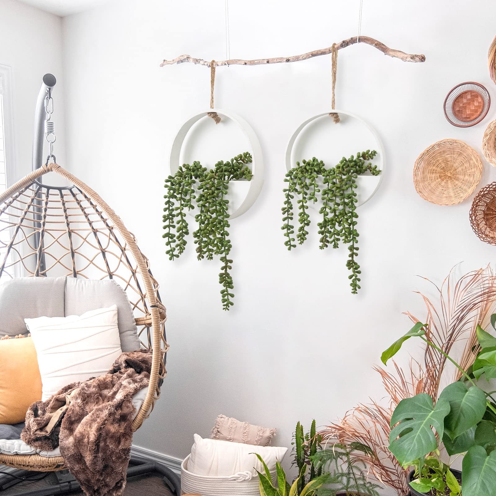 2pcs Artificial Hanging Succulent Plants, Fake String of Pearls in Pot with L…