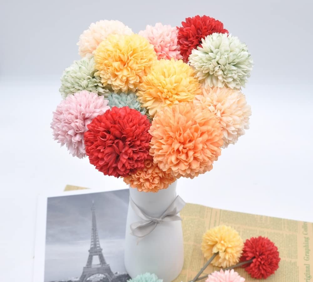 10PCS Artificial Chrysanthemum Ball Flowers, Bouquet, Autumn, Home, Orange