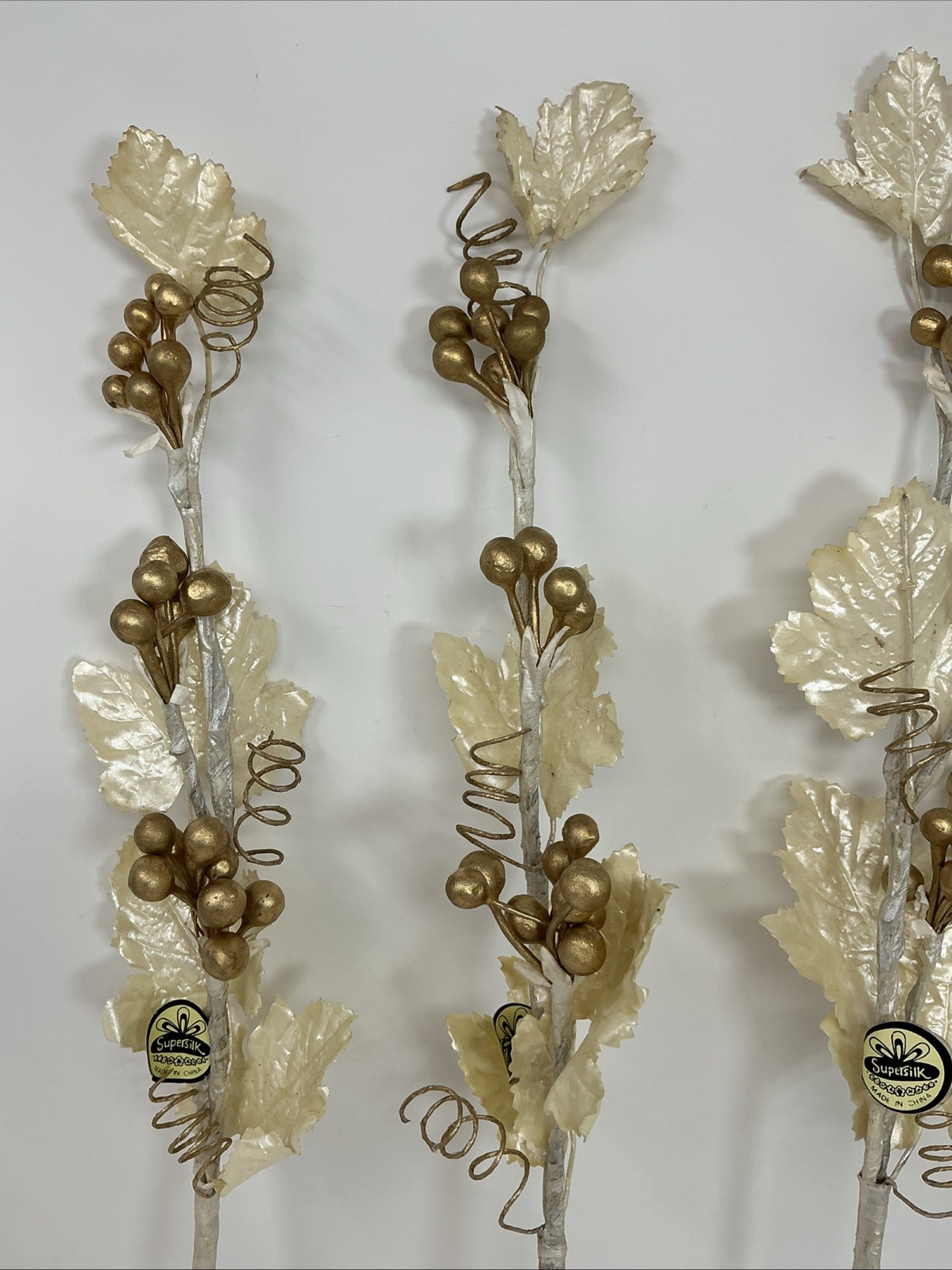 Gold Berry White Leaf Floral Pick 30” Long 3 Picks Christmas Vase Filler NOS