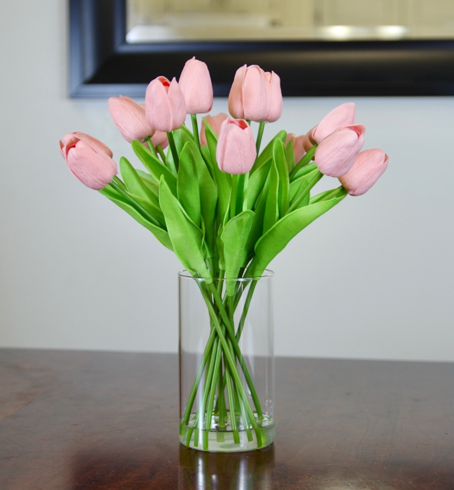 Silk Real Touch Peach Tulips in Glass Cylinder Vase With Clear Resin