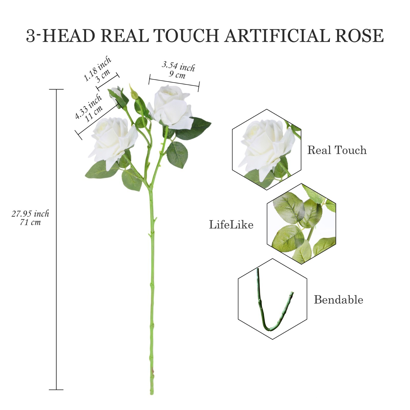 10pcs Artificial 3-Head Roses – Each Stem Features 2 Full Blooms and 1 Bud.Gift