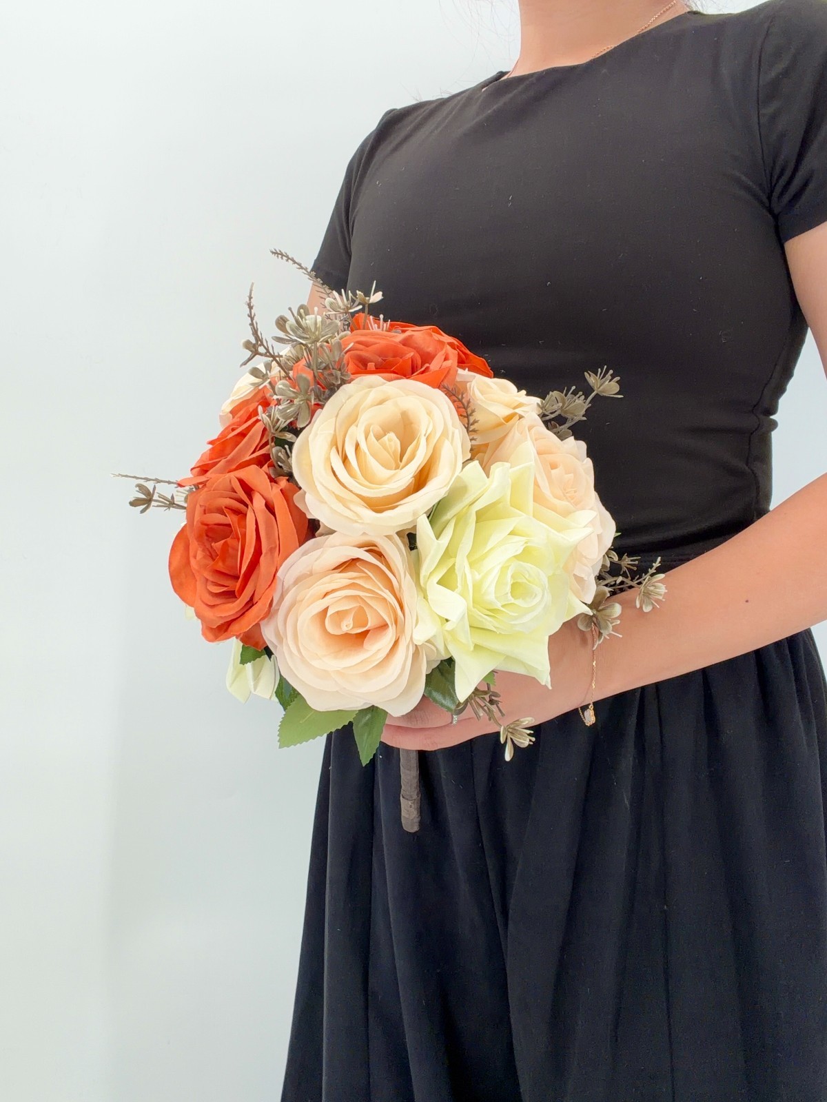 Burnt Orange & Peach Rose Bridal Bouquet, Wedding Bouquet, Silk Flower Bouquet