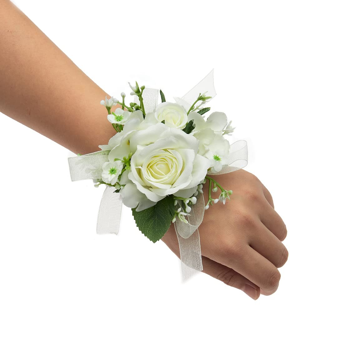4-Piece Ivory Rose Wrist Corsage for Wedding Bride Hand Flower Party Decor