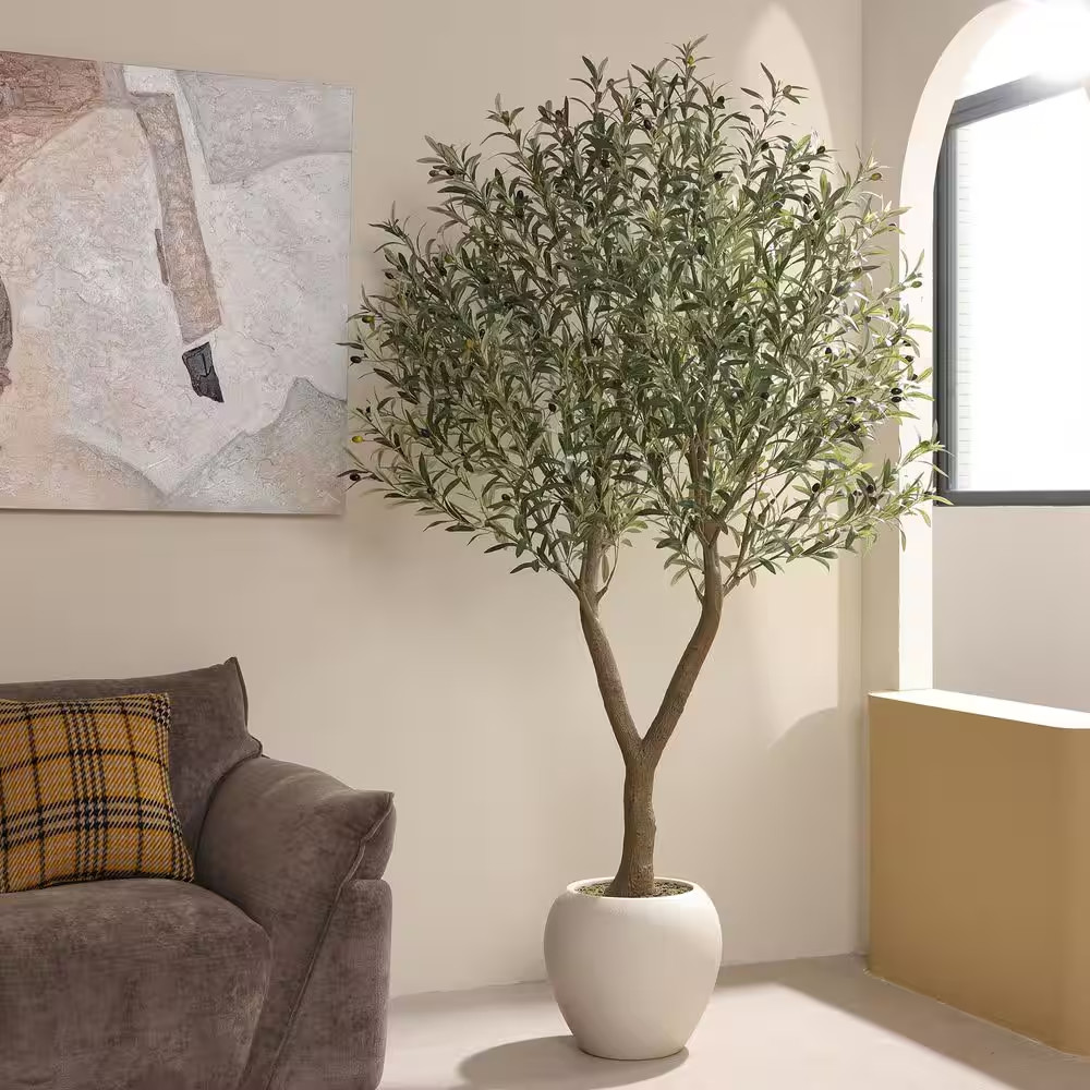 7 Ft. Artificial Olive Tree with White Planter, Fake Olive Silk Tree for Indoor