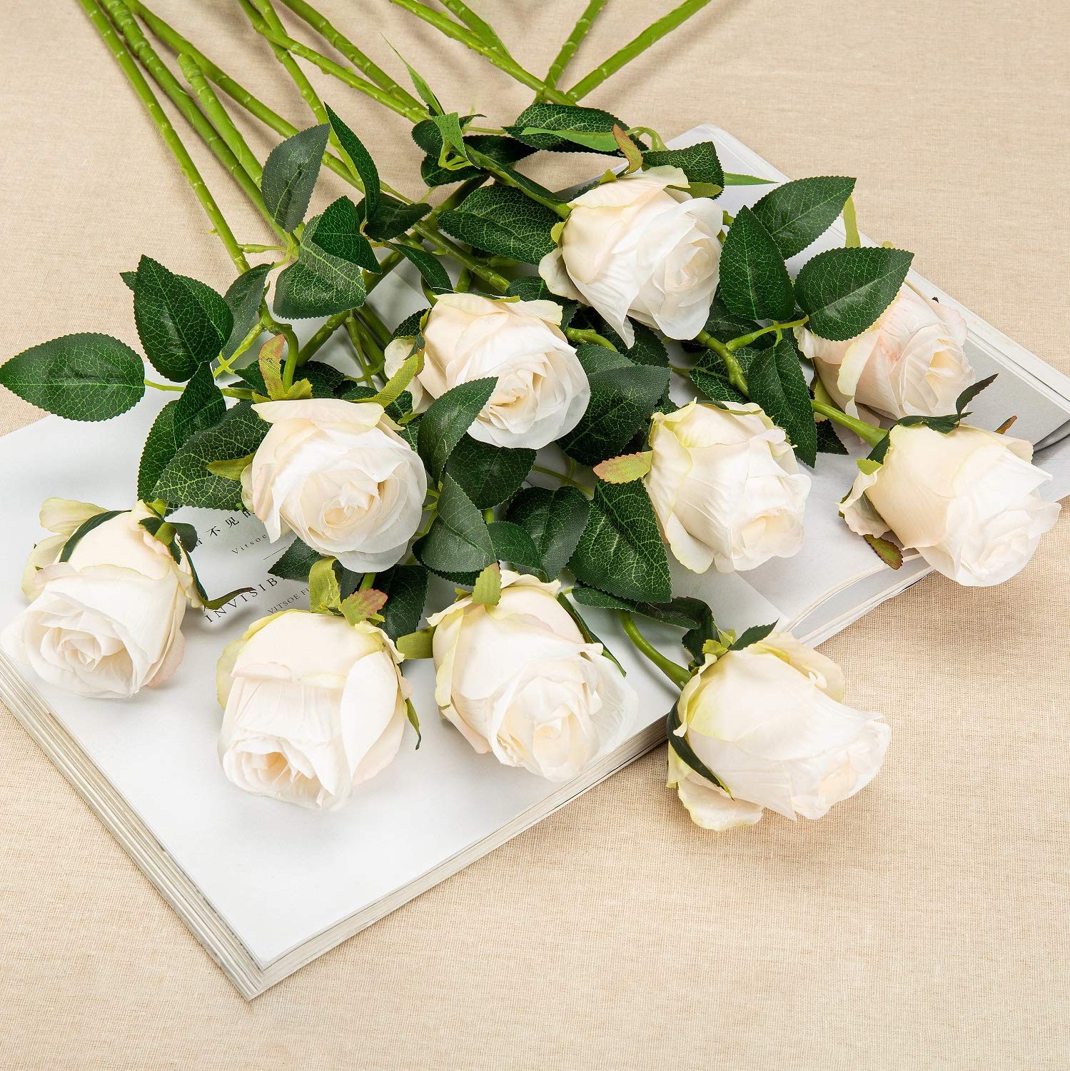 10pcs Artificial Rose Flowers Long Stem Fake Silk Roses for DIY Wedding Bouquet