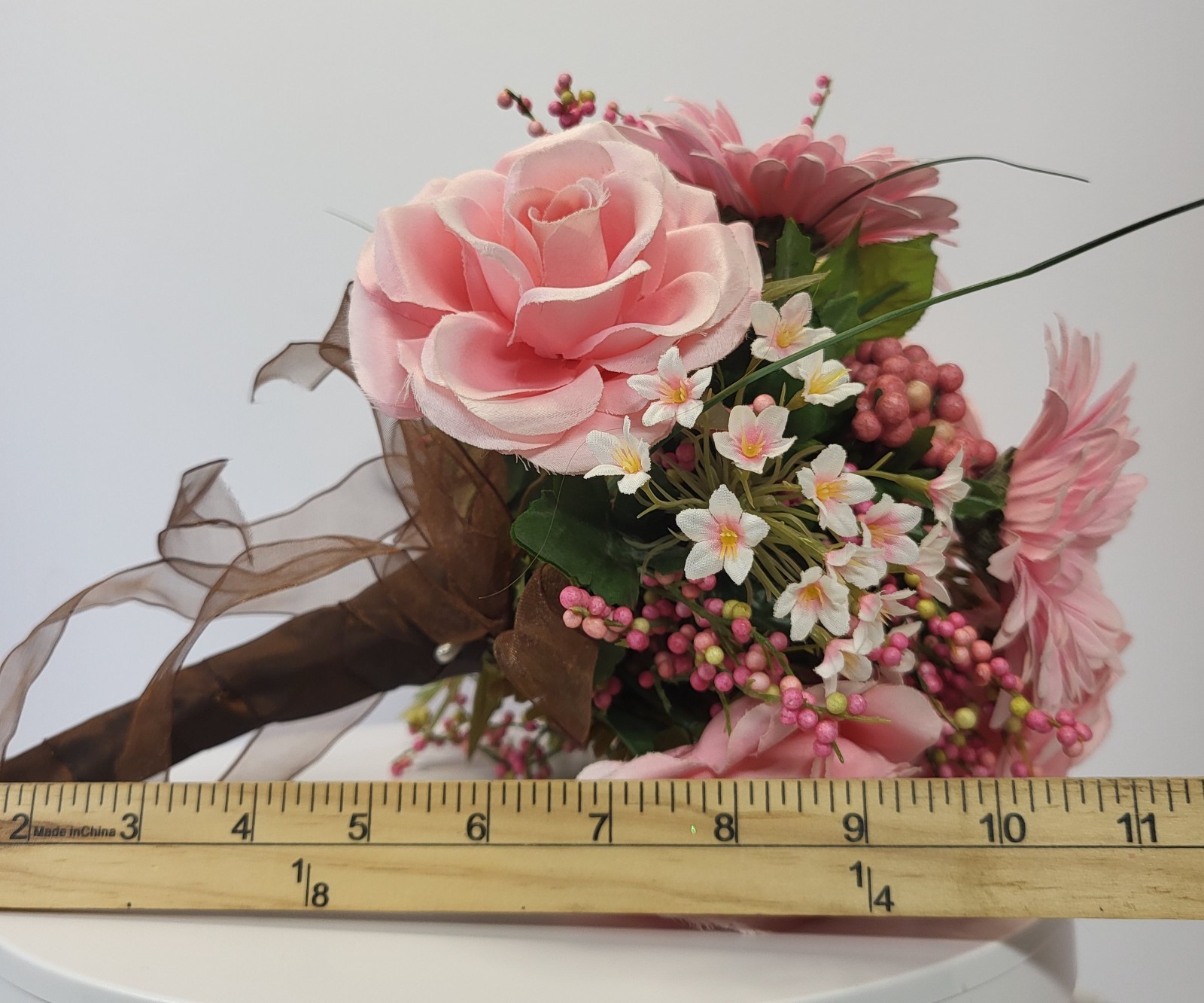 Artificial Pink Bouquet with Gerbera Daisies Roses Filler Berries Wrapped Stem