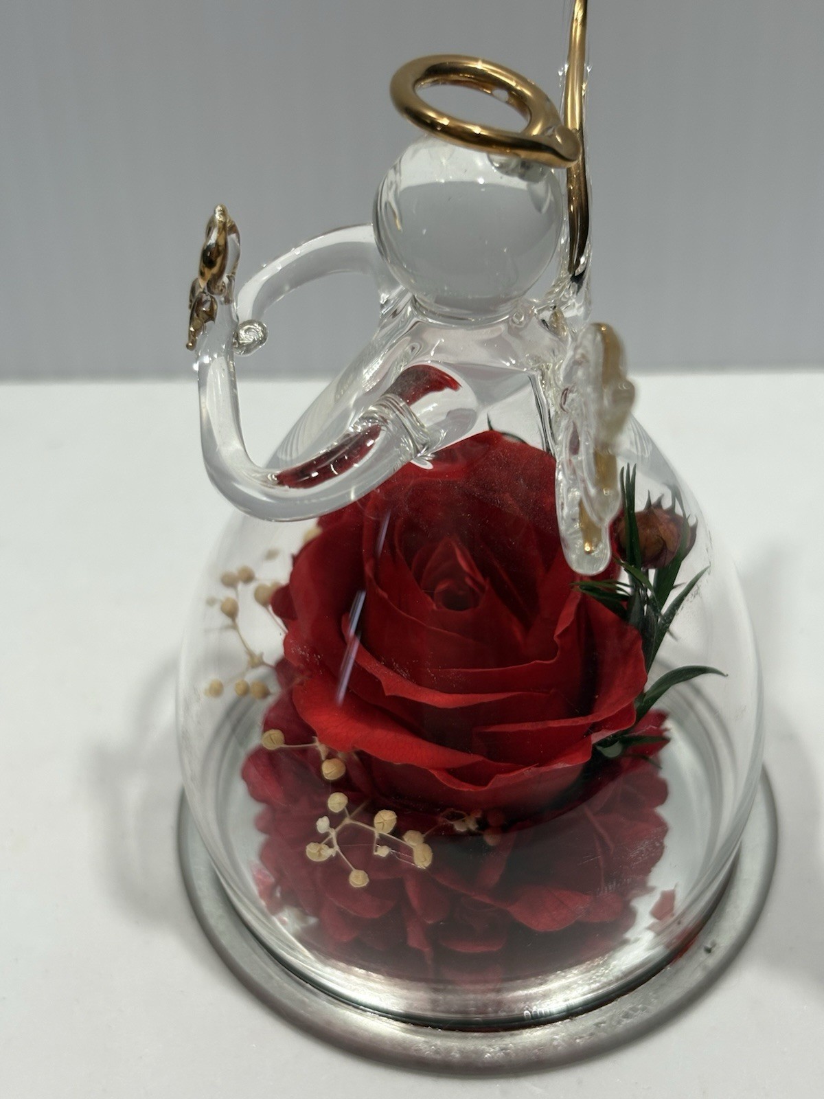 Glass Angel Flower Gifts Preserved Flower Red Rose in Figurines 3” Approx