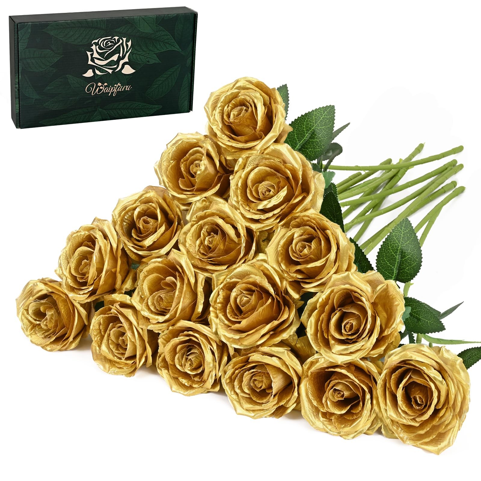 16 Pcs Fake Gold Roses Artificial Flowers with Long Stems, Rose Bouquet Silk …