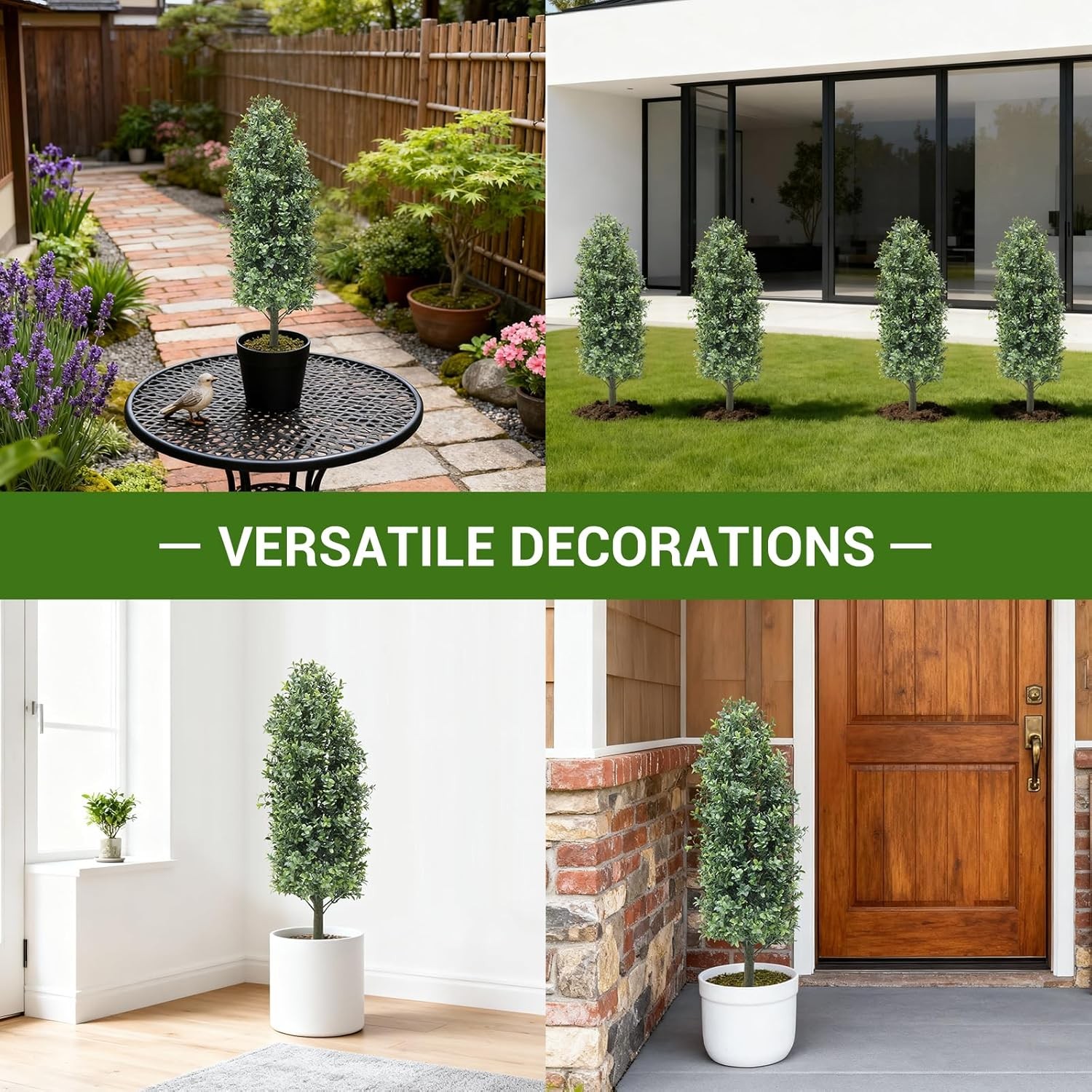 Set of 2 Faux Boxwood Plants: UV Resistant Outdoor Topiary with Ground Spikes