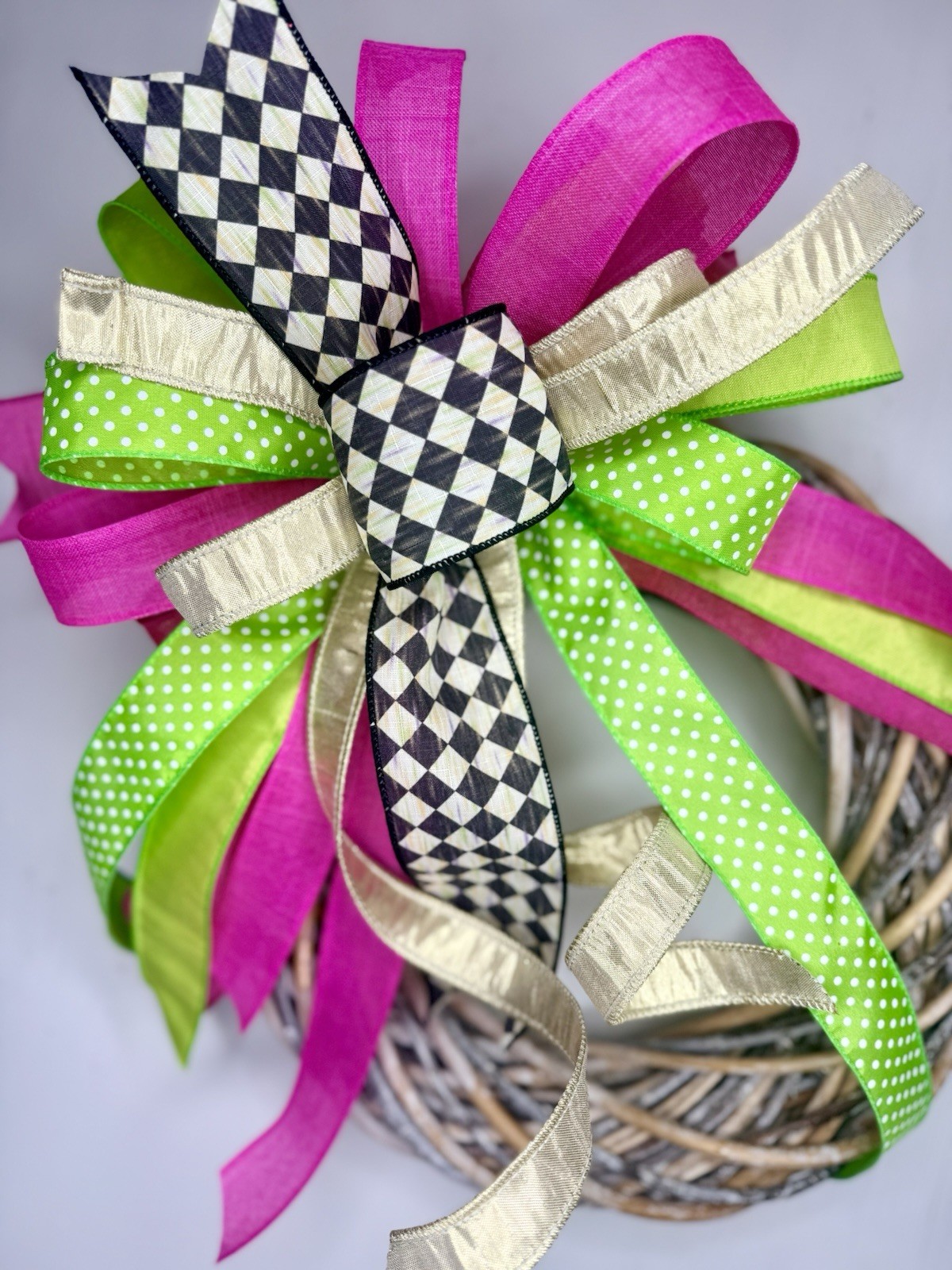 Easter Bow, Spring Bow, Harliquin Ribbon Wreath Decor
