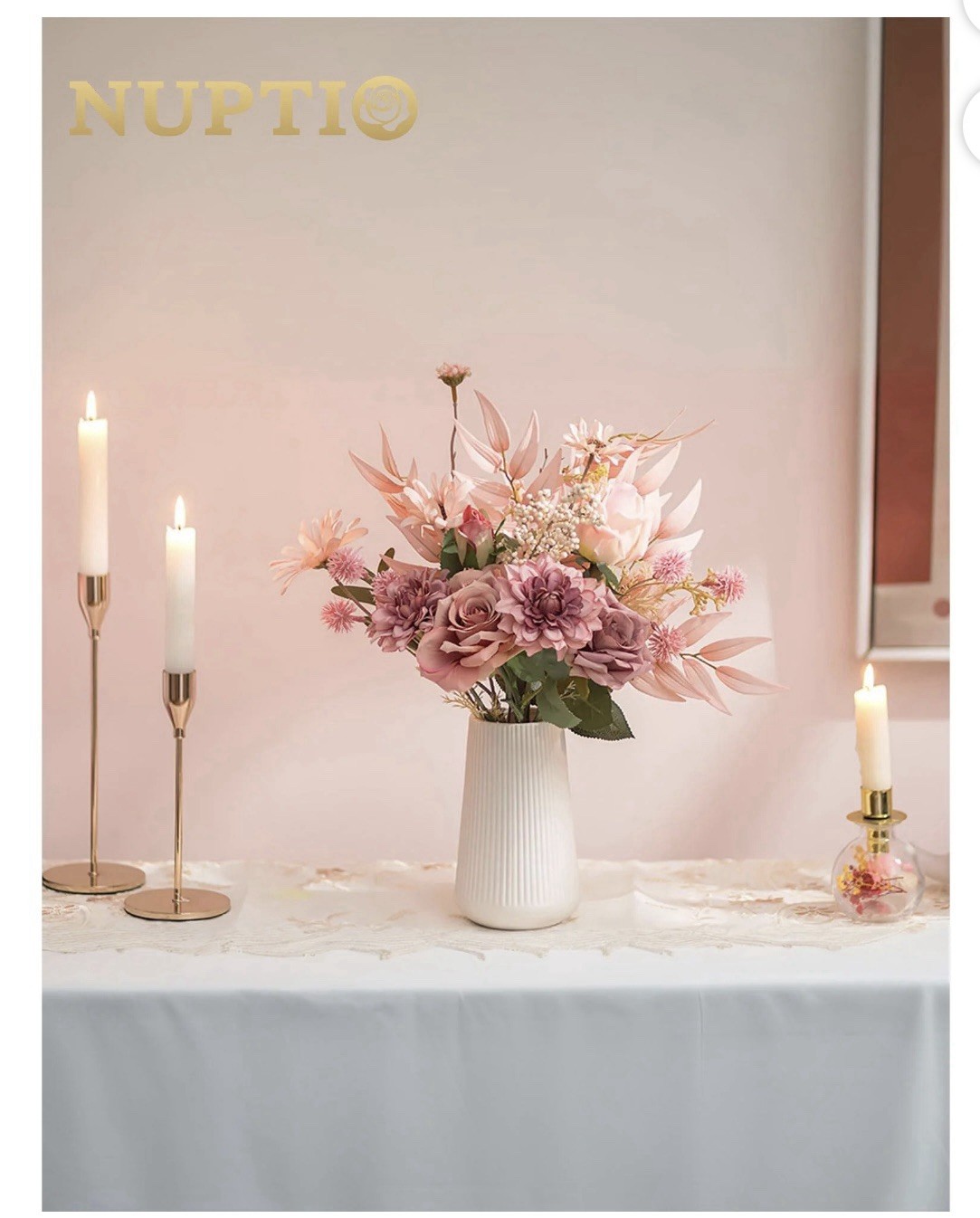 Nuptio Fake Flowers in Vase Centerpieces: Artificial Faux Flower in Ceramic Vase