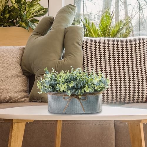 Artificial Eucalyptus Arrangement in Rustic Oval Galvanized Metal Planter Box