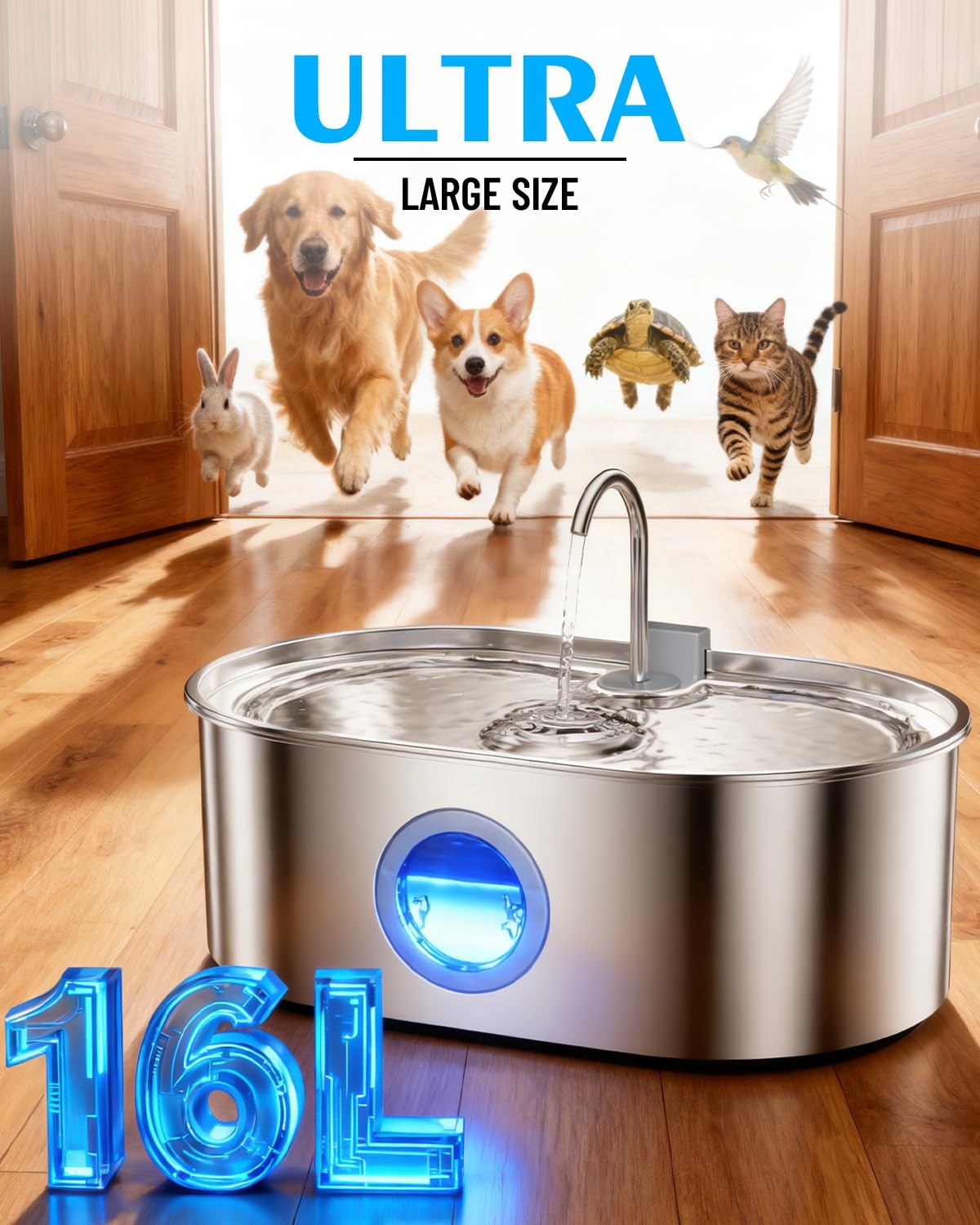 4.2Gal Dog Water Fountain for Large Dogs, Fountain, Silver