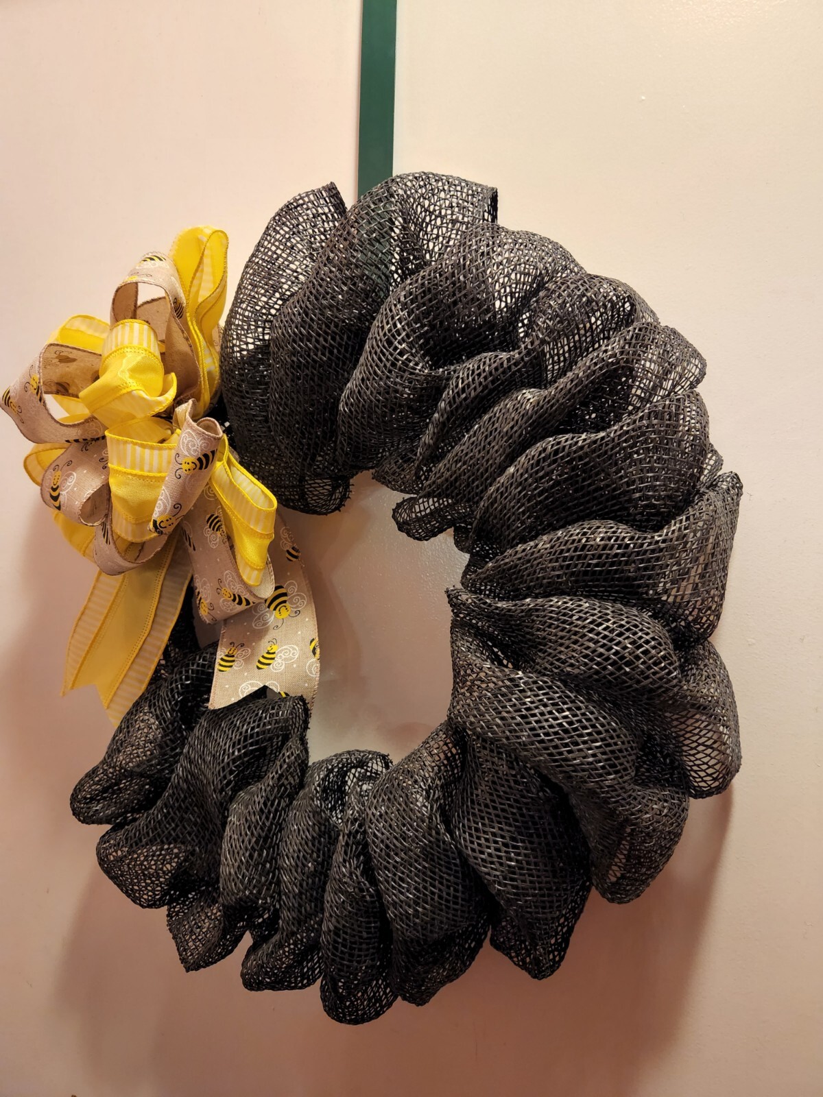 16 inch Handmade Poly Deco Mesh Black Wreath with Yellow Bumble Bee Bow